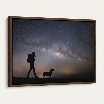 Dark walnut floater framed Milky Way canvas wall art, 45-degree angled view