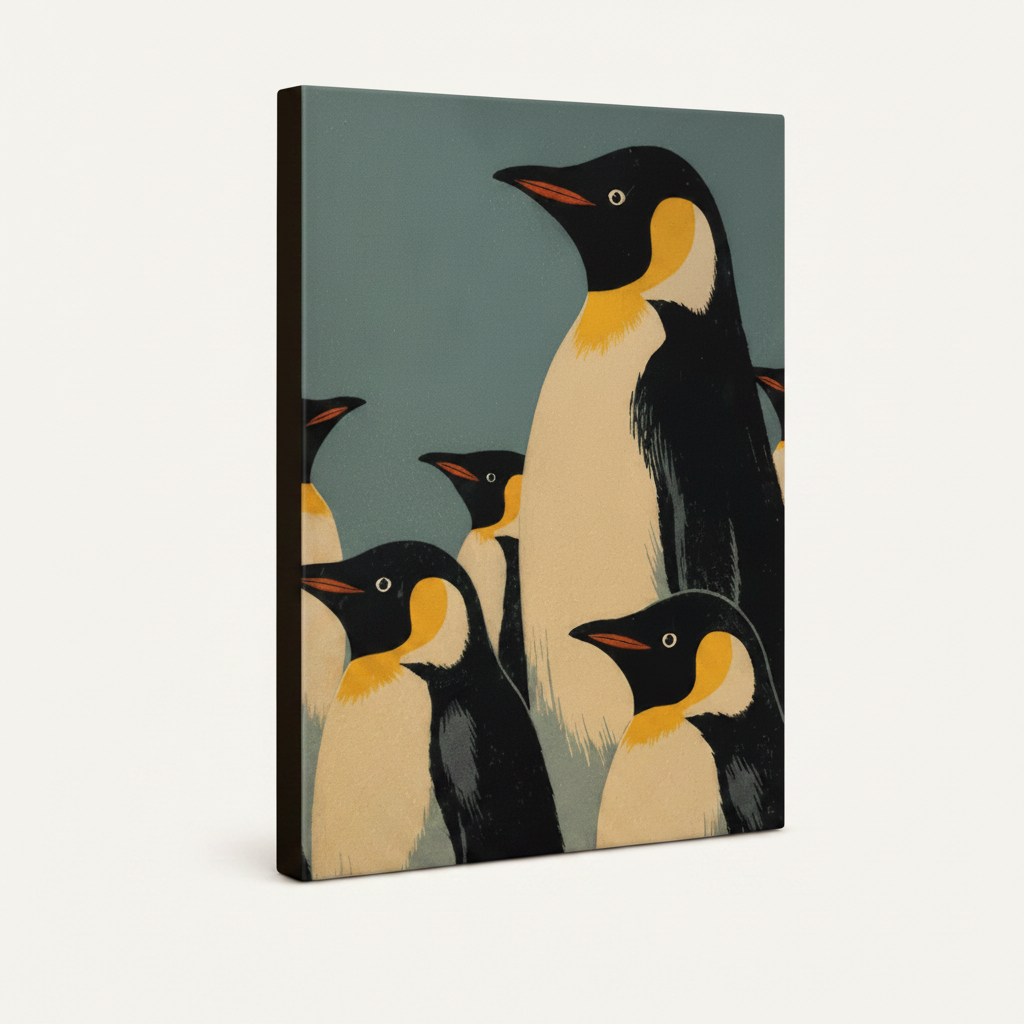 Gallery wrapped emperor penguin poster canvas print shown at angle on white background