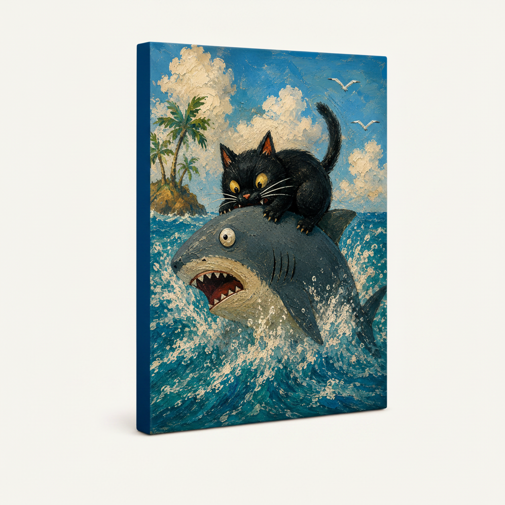 Gallery-wrapped black cat riding shark canvas print angled view showing solid blue wrapped sides and impasto detail