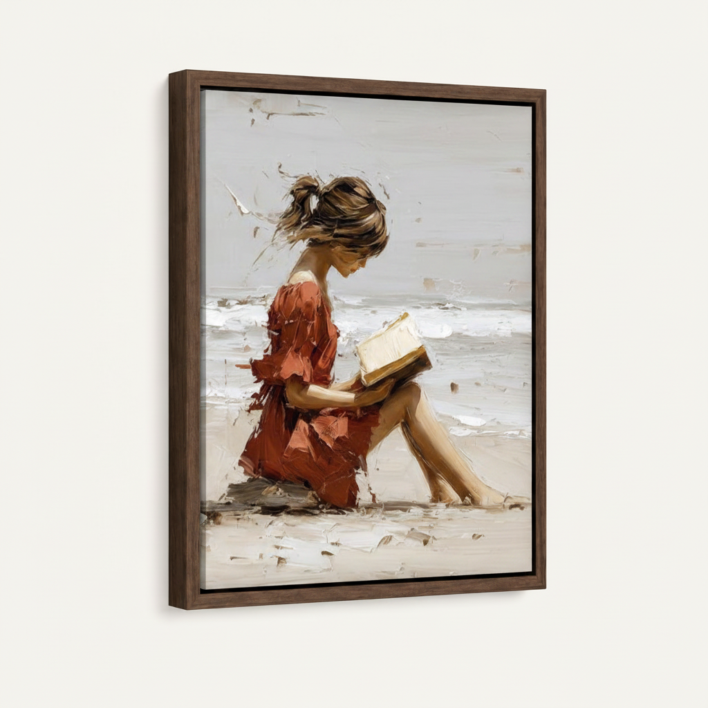 Beach reading girl impasto canvas in dark walnut floater frame, 45-degree product view on white background