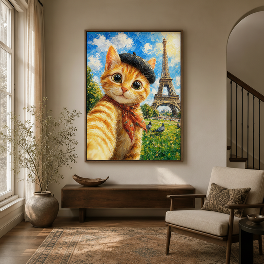 Large whimsical cat Paris wall art hung in a bright transitional entryway above a dark wood console