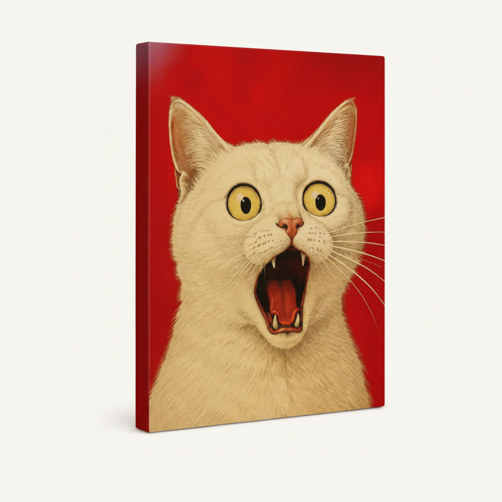 Gallery-wrapped screaming cat canvas print angled view showing solid red wrapped sides and detailed fur texture
