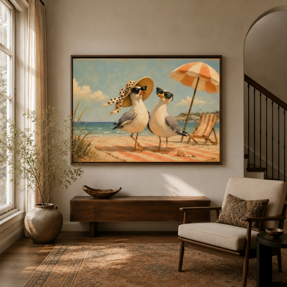 Funny seagulls in hats vintage coastal canvas art hanging in warm entryway beside staircase and linen armchair