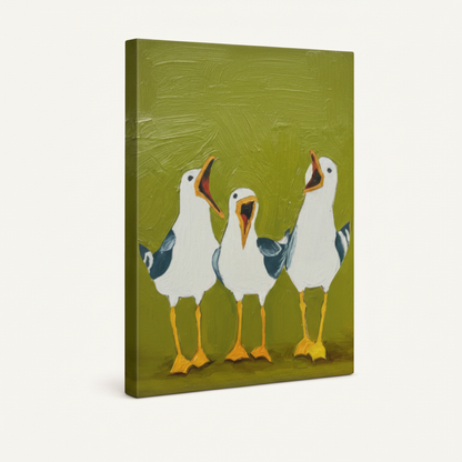  Folk art seagull canvas print gallery-wrapped style displayed at an angle on white background