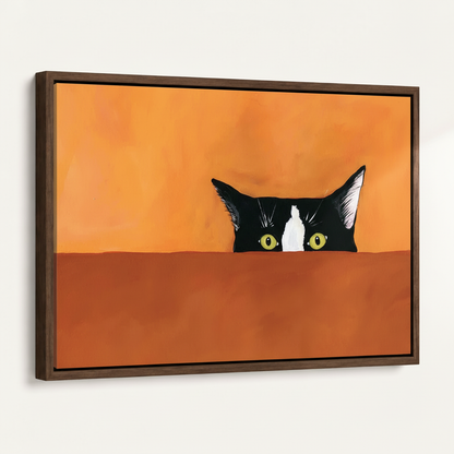 Playful peeking cat canvas featuring bright eyes and bold orange color blocks