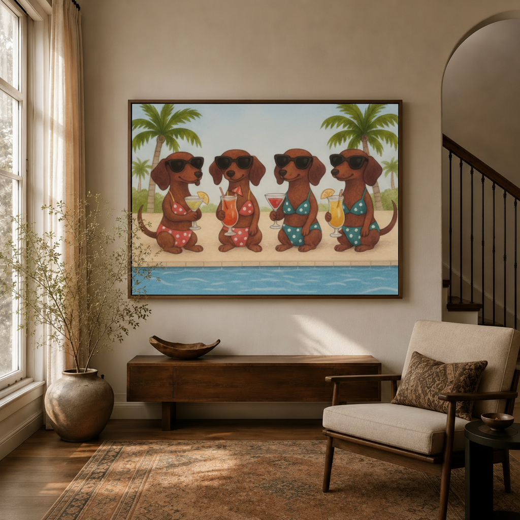 Dachshunds in bikinis pool party cartoon canvas art hanging in warm entryway beside staircase and armchair
