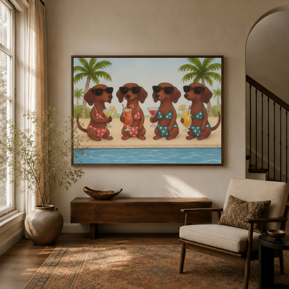 Dachshunds in bikinis pool party cartoon canvas art hanging in warm entryway beside staircase and armchair