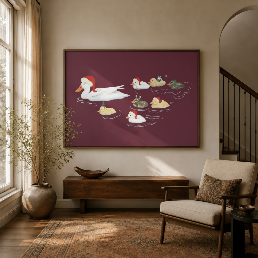 Holiday duck family canvas wall art above walnut console in bright warm entryway beside armchair and staircase