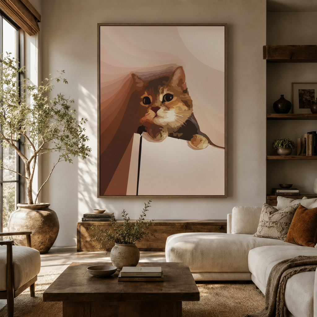 Charming ginger cat peeking bag canvas wall art above sideboard in warm modern living room