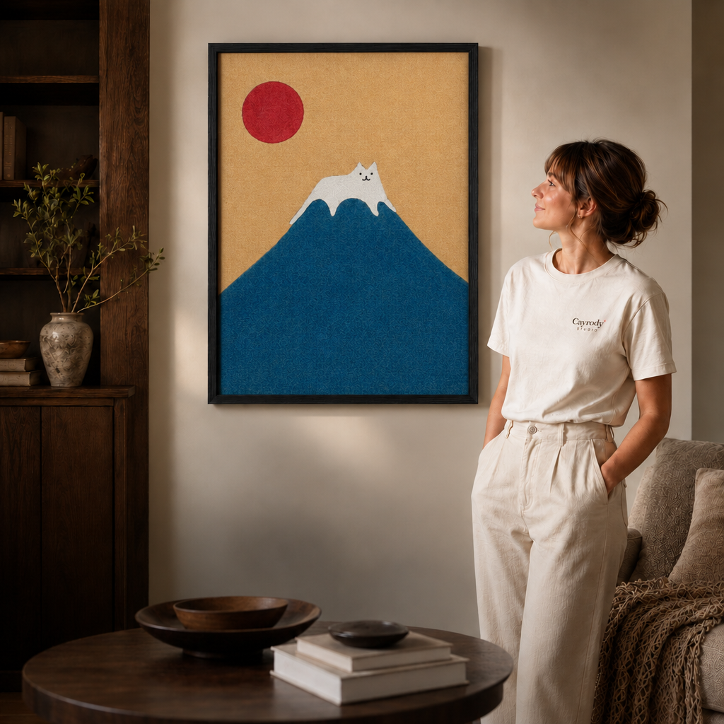 Woman admiring a thin black framed white cat and red sun artwork in a cozy modern living room.