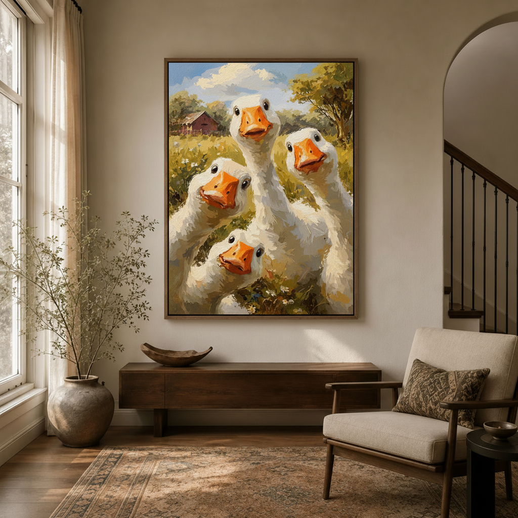 Funny goose canvas print in natural wood frame styled in warm entryway with arched doorway and linen chair