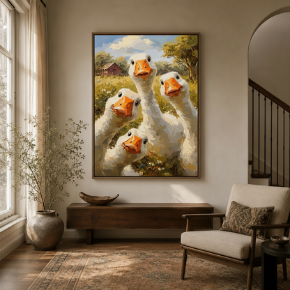 Funny goose canvas print in natural wood frame styled in warm entryway with arched doorway and linen chair