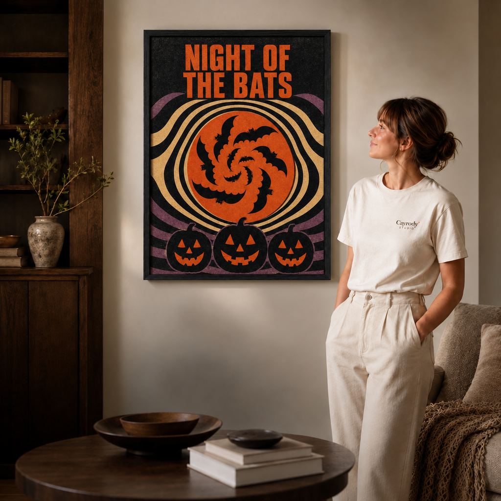 Retro Halloween bat artwork in a slim black frame beside a woman in white.