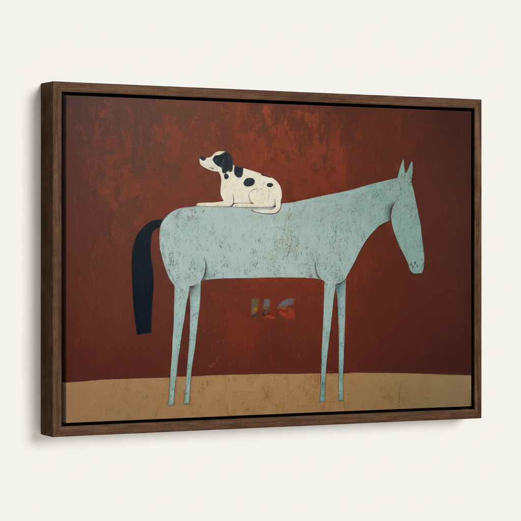 Dark walnut floating frame canvas of minimalist blue horse and dog painting, angled product view on white background