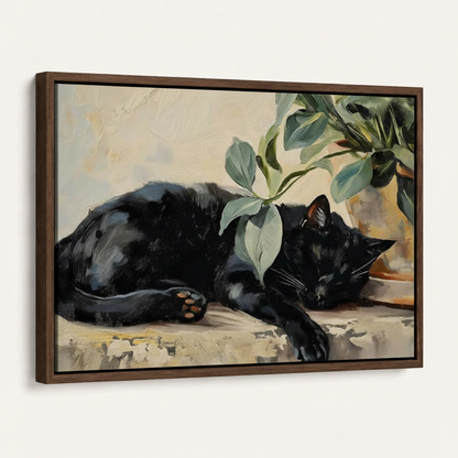 Dark walnut framed canvas print of black cat botanical oil painting angled product view white background