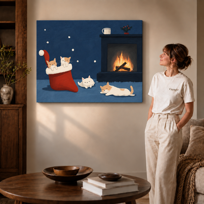 Gallery-wrapped Christmas cats canvas wall art shows a red stocking and glowing fireplace beside a woman.
