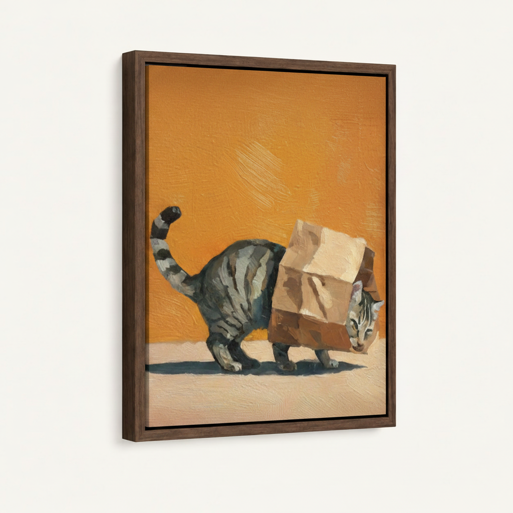 Dark walnut floater frame canvas closeup showing paper bag cat artwork with impasto texture detail