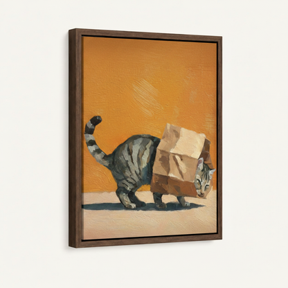 Dark walnut floater frame canvas closeup showing paper bag cat artwork with impasto texture detail