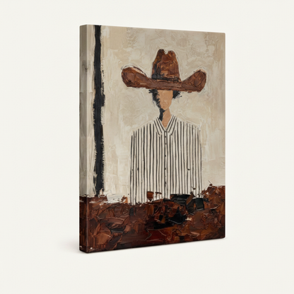 Gallery-wrapped canvas of faceless cowboy impasto painting on off-white background portrait view