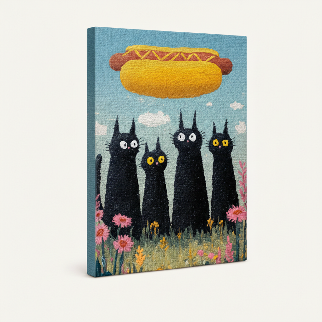Gallery-wrapped canvas of four black cats gazing at a giant hot dog, white background