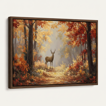 Dark walnut float frame canvas print of autumn deer forest painting, angled product shot on white background