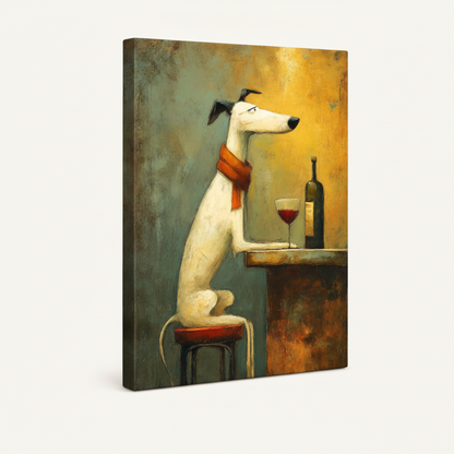 Gallery wrap canvas of greyhound with wine glass, shown at angle on white background