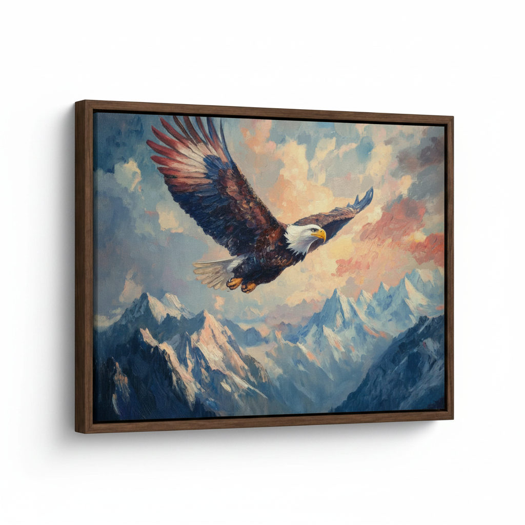 Bald eagle over snowy mountains framed canvas art product shot on white background