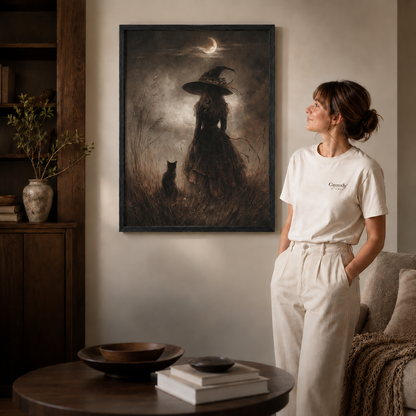 Black-framed witch and cat artwork styled in a cozy neutral living room.
