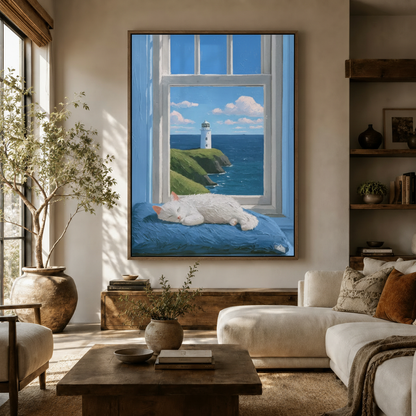 Large coastal cat lighthouse canvas wall art hung above sideboard in warm modern living room