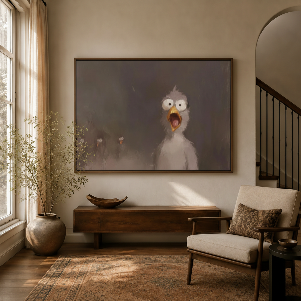 Dramatic screaming bird cinematic canvas art hanging in warm entryway beside staircase and linen armchair