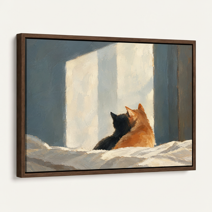 Angled view of cat and shadow canvas print in a walnut floater frame