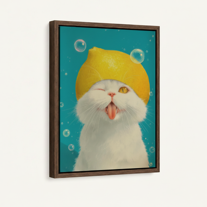 White cat lemon hat golden eye kawaii canvas in wide dark walnut float frame 3/4 angle product mockup on cream background