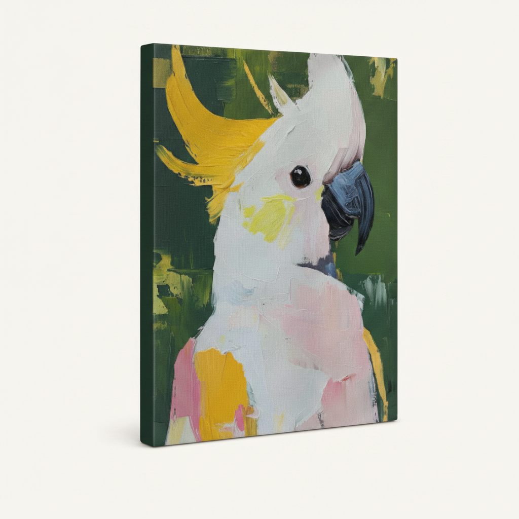 Gallery-wrapped cockatoo expressive painting canvas on white background, angled 3/4 side view