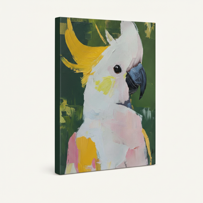 Gallery-wrapped cockatoo expressive painting canvas on white background, angled 3/4 side view