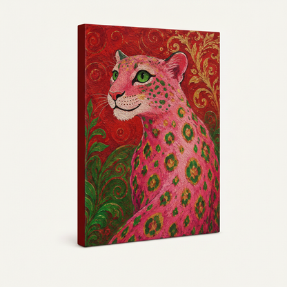 Gallery-wrapped pink leopard maximalist canvas print angled view showing deep red wrapped sides and impasto texture detail