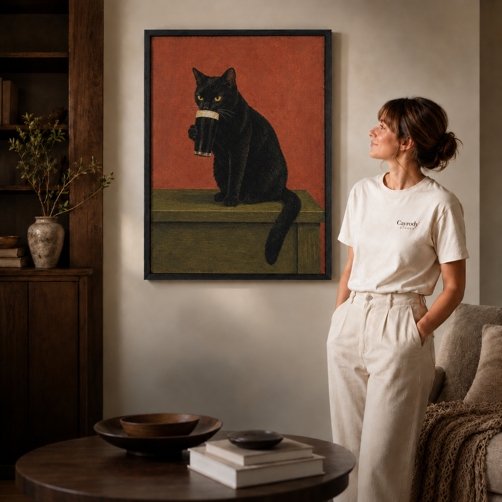 Black framed cat coffee wall art in a warm contemporary living room