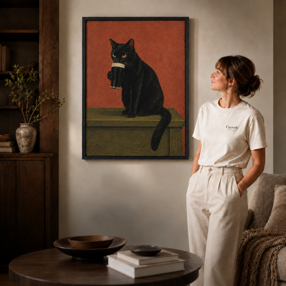 Black framed cat coffee wall art in a warm contemporary living room