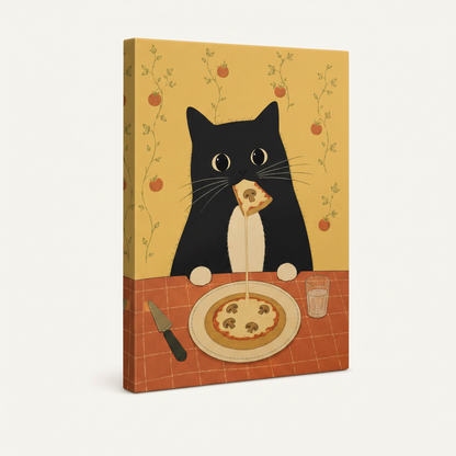 Funny cat holding pizza slice folk art canvas wrap print on white background