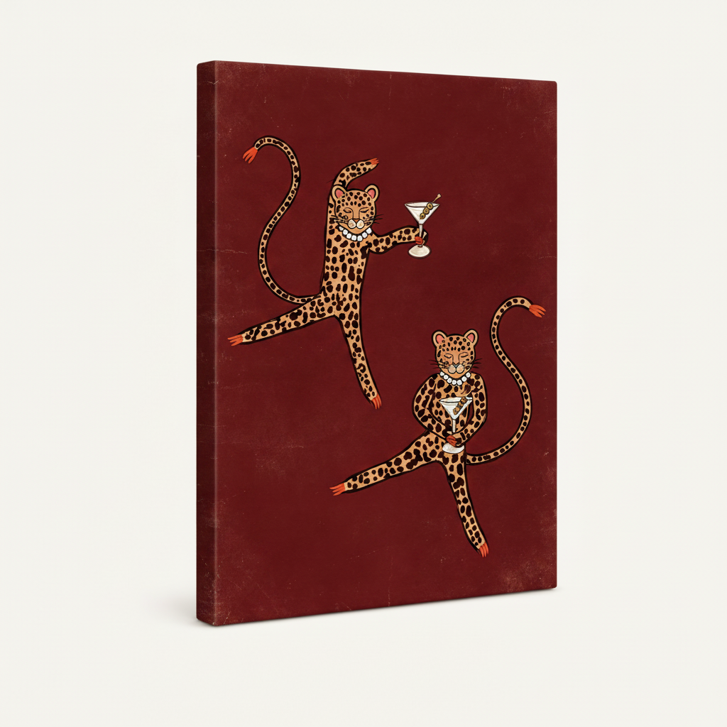 Gallery-wrapped canvas close-up showcasing pearl-wearing leopards on crimson red, with visible wrapped edges