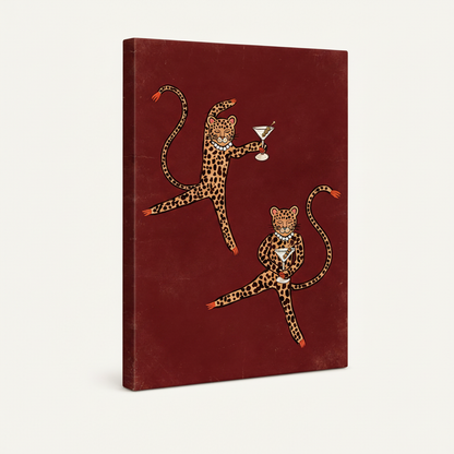 Gallery-wrapped canvas close-up showcasing pearl-wearing leopards on crimson red, with visible wrapped edges