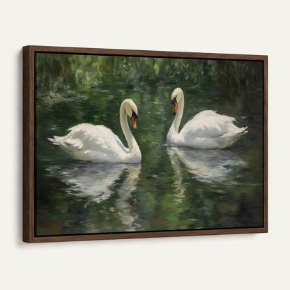 Romantic swan lake canvas wall art in dark walnut floater frame, 45-degree product view on white background