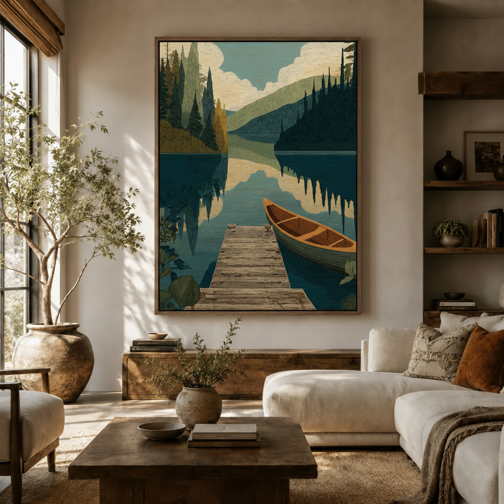Large mountain lake nature canvas wall art hung above sideboard in modern warm living room