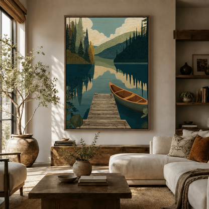 Large mountain lake nature canvas wall art hung above sideboard in modern warm living room