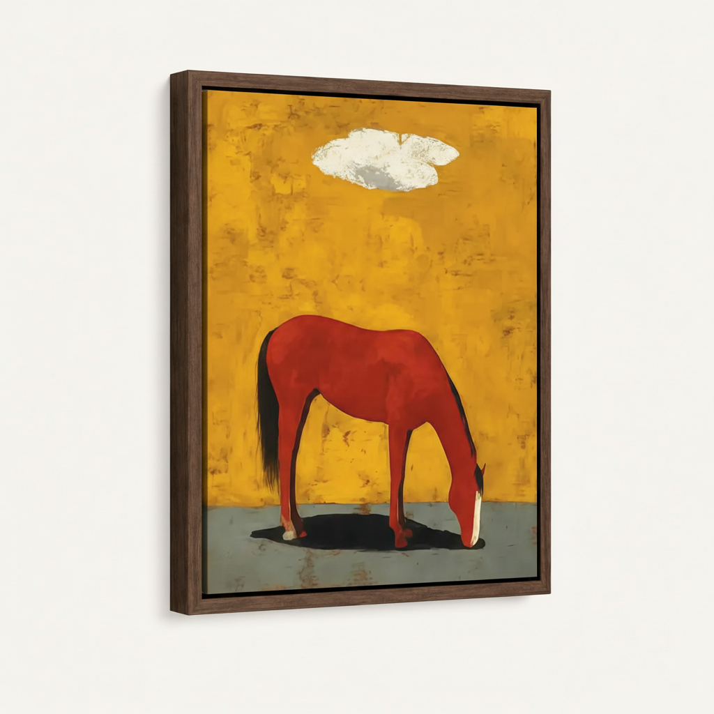 Framed red horse minimalist canvas art product shot on white background, 45-degree angle view
