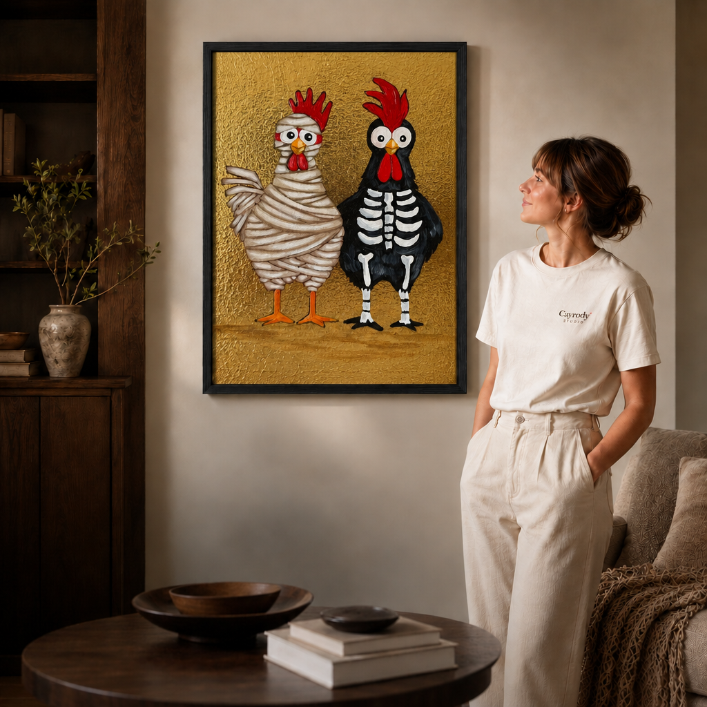 Slim black frame surrounds two playful chicken characters on textured gold, creating a humorous wall art focal point.