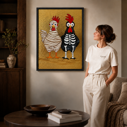 Slim black frame surrounds two playful chicken characters on textured gold, creating a humorous wall art focal point.