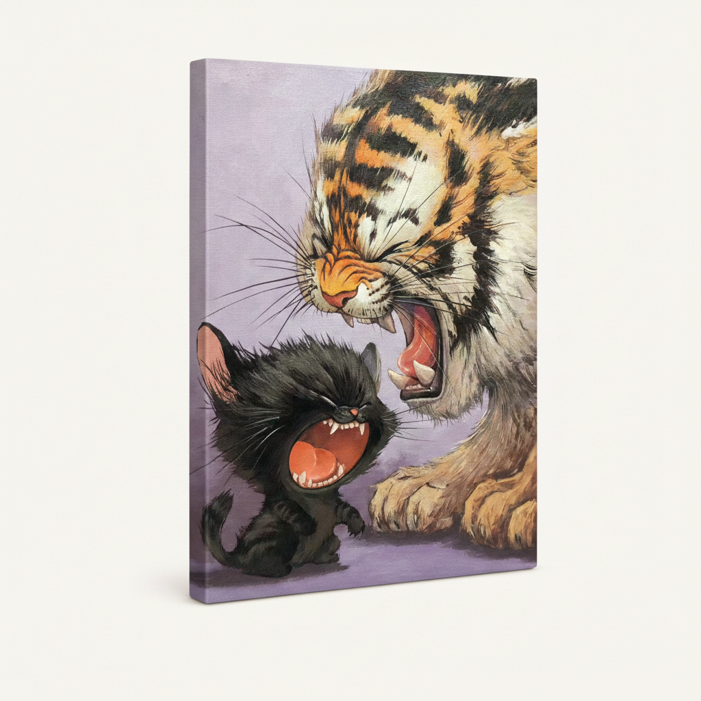 Gallery-wrapped canvas art of tiger roaring at defiant black kitten on purple background, white background product shot