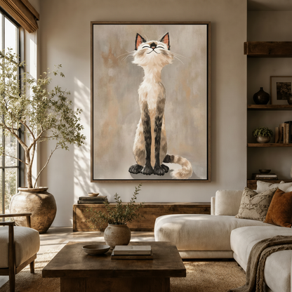 harming Siamese cat canvas in dark frame hung in warm Japandi-style living room