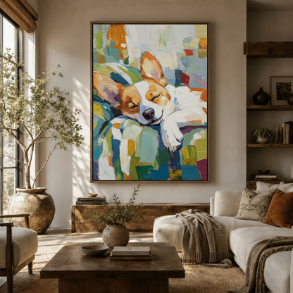 Vibrant sleeping corgi canvas wall art above sideboard in bright modern living room