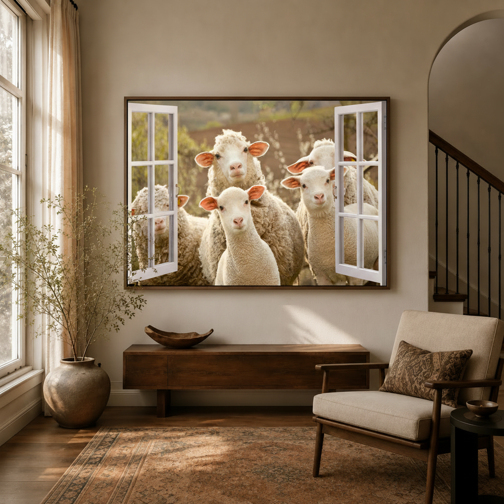 Photorealistic sheep window canvas art hanging in warm entryway beside staircase and linen armchair